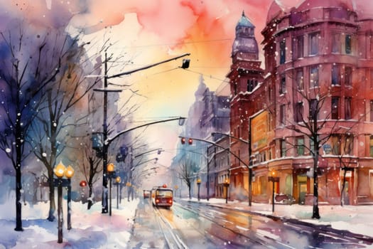 An evocative representation of urban life during winter, focusing on the enchanting vistas of city streets, buildings blanketed in snow, and the warm radiance of streetlights.