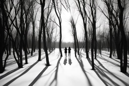 A striking visual display of the winter season, utilizing the extended shadows and sharp differences in lighting to craft captivating silhouettes against the snowy backdrop.