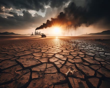 Scorched earth arid soil desert heat wave global warming drought, abandoned rusty tractor, dead animal bones, stormy sky smoking plants factories polluting ambient, apocalyptic scene, ai generated