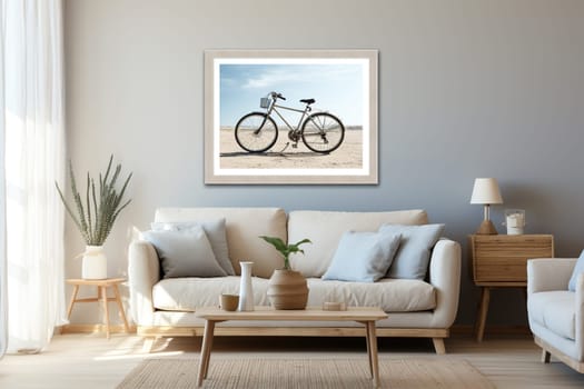 Front view of the interior of a living bright room with a white sofa, plants and a painting on the wall. Rent, purchase of housing.