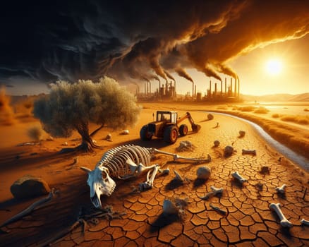 abandoned unfertile land, rusty tractor, dead animal bones, stormy sky, sunbeams, smoking factories polluting ambient, apocalyptic scene, ai generated