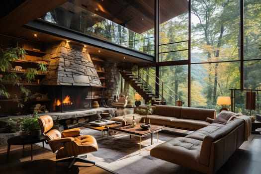 Contemporary stylish interior of a large two-story house in the loft style. Large windows overlook nature.