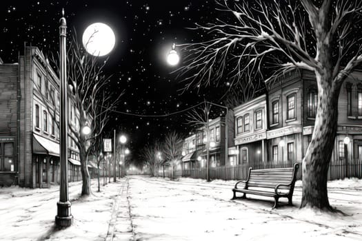 An evocative representation of urban life during winter, focusing on the enchanting vistas of city streets, buildings blanketed in snow, and the warm radiance of streetlights.