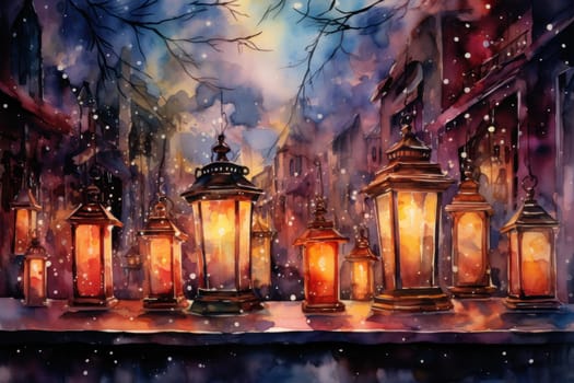 A captivating portrayal of the winter charm, focusing on the creation of cozy and welcoming visuals using the soft glow of candles or lanterns against the snowy backdrop.