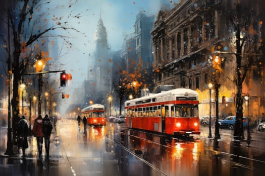 An evocative representation of urban life during winter, focusing on the enchanting vistas of city streets, buildings blanketed in snow, and the warm radiance of streetlights.