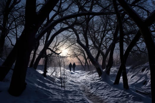 A striking visual display of the winter season, utilizing the extended shadows and sharp differences in lighting to craft captivating silhouettes against the snowy backdrop.