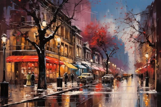 An evocative representation of urban life during winter, focusing on the enchanting vistas of city streets, buildings blanketed in snow, and the warm radiance of streetlights.