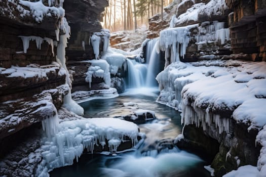 A mesmerizing display of the winter landscape, focusing on the distinctive and captivating frozen waterfalls found in chilly regions.