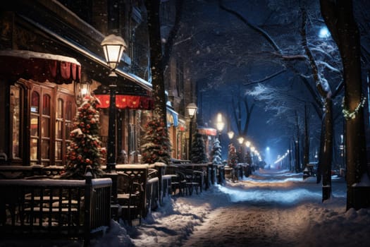 An evocative representation of urban life during winter, focusing on the enchanting vistas of city streets, buildings blanketed in snow, and the warm radiance of streetlights.