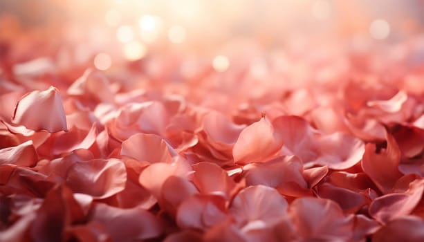 Pink rose petals on soft pink background. Petals of pink rose spa background. Realistic flying sakura cherry flower petals elements for romantic banner design. Copy space Valentine's Day concept. Space for text