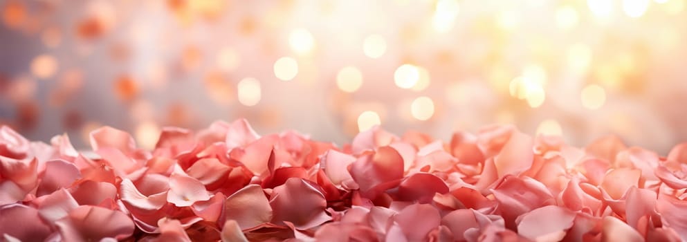Pink rose petals on soft pink background. Petals of pink rose spa background. Realistic flying sakura cherry flower petals elements for romantic banner design. Copy space Valentine's Day concept. Space for text