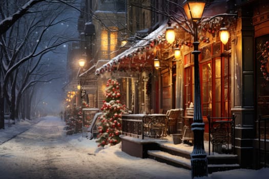 An evocative representation of urban life during winter, focusing on the enchanting vistas of city streets, buildings blanketed in snow, and the warm radiance of streetlights.