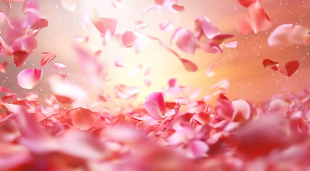 Pink rose petals on soft pink background. Petals of pink rose spa background. Realistic flying sakura cherry flower petals elements for romantic banner design. Copy space Valentine's Day concept. Space for text