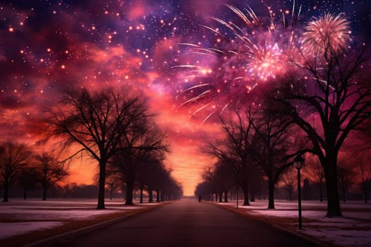 An electrifying display of winter's nocturnal splendor, featuring the dazzling spectacle of New Year's Eve fireworks and other seasonal celebrations.