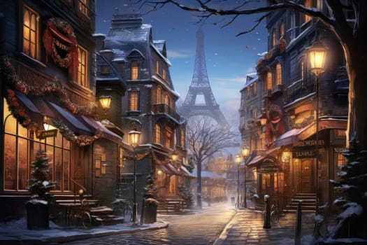 An evocative representation of urban life during winter, focusing on the enchanting vistas of city streets, buildings blanketed in snow, and the warm radiance of streetlights.