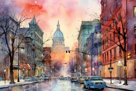 An evocative representation of urban life during winter, focusing on the enchanting vistas of city streets, buildings blanketed in snow, and the warm radiance of streetlights.