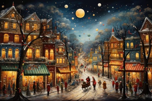 A vibrant depiction of the holiday spirit, capturing the lively ambiance of bustling markets and fairs adorned with festive decorations.