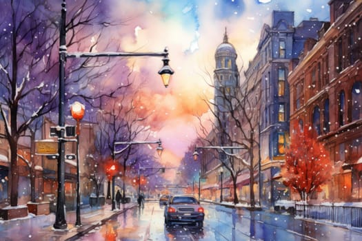 An evocative representation of urban life during winter, focusing on the enchanting vistas of city streets, buildings blanketed in snow, and the warm radiance of streetlights.