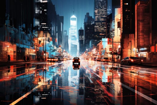 An evocative representation of urban life during winter, focusing on the enchanting vistas of city streets, buildings blanketed in snow, and the warm radiance of streetlights.