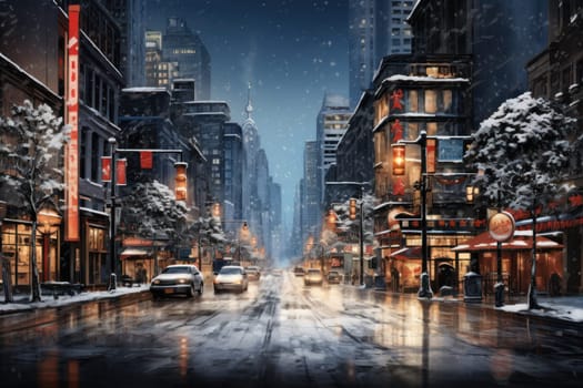 An evocative representation of urban life during winter, focusing on the enchanting vistas of city streets, buildings blanketed in snow, and the warm radiance of streetlights.