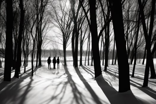 A striking visual display of the winter season, utilizing the extended shadows and sharp differences in lighting to craft captivating silhouettes against the snowy backdrop.