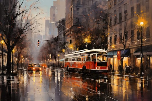 An evocative representation of urban life during winter, focusing on the enchanting vistas of city streets, buildings blanketed in snow, and the warm radiance of streetlights.