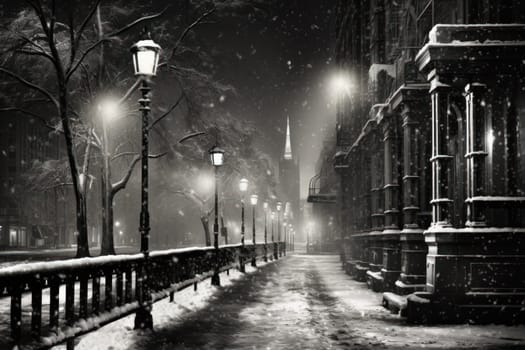 An evocative representation of urban life during winter, focusing on the enchanting vistas of city streets, buildings blanketed in snow, and the warm radiance of streetlights.