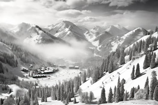 A dynamic portrayal of the winter wonderland at ski resorts, capturing the exhilaration and scenic beauty.