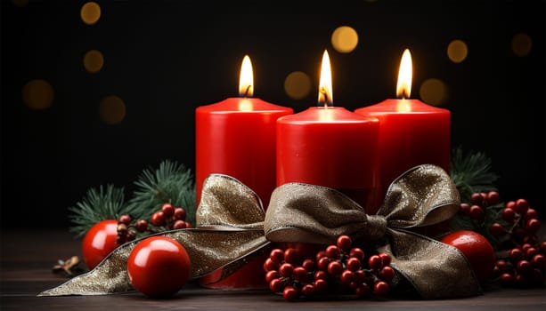 Burning candles warm design with copy space. Bokeh sparkling lights. advent wreath candles on fir branches with Christmas decoration against a dark background, copy space, selected focus, narrow depth of field Merry Christmas Space for text