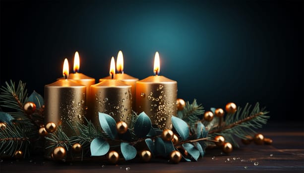 Burning candles warm design with copy space. Bokeh sparkling lights. advent wreath candles on fir branches with Christmas decoration against a dark background, copy space, selected focus, narrow depth of field Merry Christmas Space for text