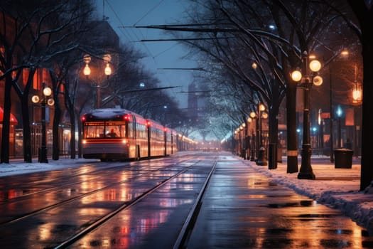 An evocative representation of urban life during winter, focusing on the enchanting vistas of city streets, buildings blanketed in snow, and the warm radiance of streetlights.