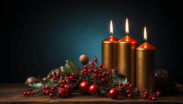 Burning candles warm design with copy space. Bokeh sparkling lights. advent wreath candles on fir branches with Christmas decoration against a dark background, copy space, selected focus, narrow depth of field Merry Christmas Space for text
