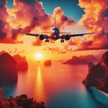 Airplane flying above tropical sea at sunset.