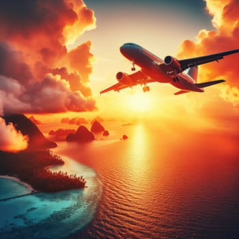 Airplane flying above tropical sea at sunset.