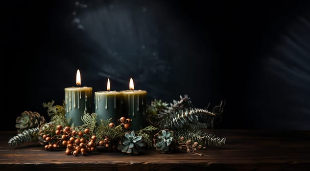 Burning candles warm design with copy space. Bokeh sparkling lights. advent wreath candles on fir branches with Christmas decoration against a dark background, copy space, selected focus, narrow depth of field Merry Christmas Space for text