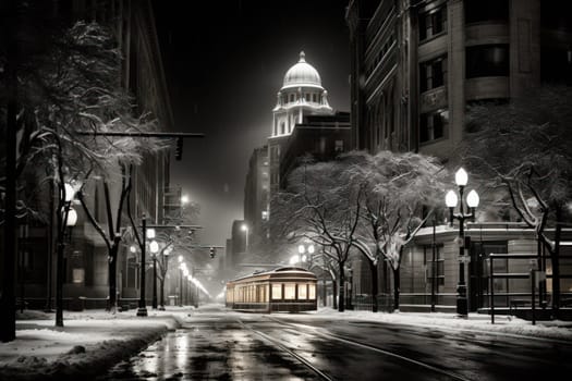 An evocative representation of urban life during winter, focusing on the enchanting vistas of city streets, buildings blanketed in snow, and the warm radiance of streetlights.