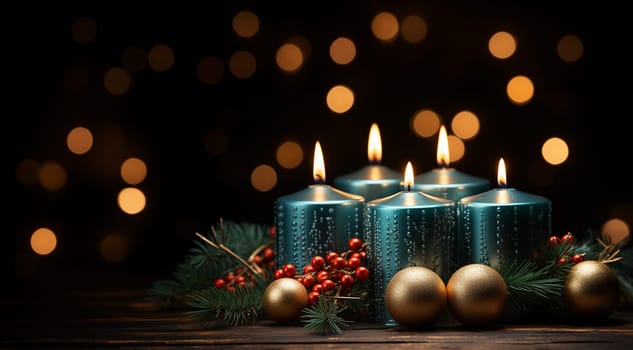Burning candles warm design with copy space. Bokeh sparkling lights. advent wreath candles on fir branches with Christmas decoration against a dark background, copy space, selected focus, narrow depth of field Merry Christmas Space for text