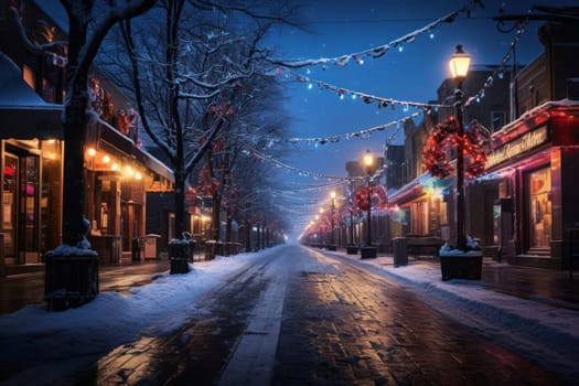 An evocative representation of urban life during winter, focusing on the enchanting vistas of city streets, buildings blanketed in snow, and the warm radiance of streetlights.