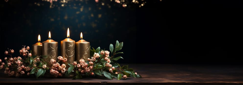 Burning candles warm design with copy space. Bokeh sparkling lights. advent wreath candles on fir branches with Christmas decoration against a dark background, copy space, selected focus, narrow depth of field Merry Christmas Space for text