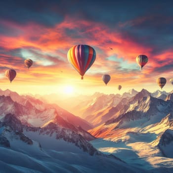 A photo of four colorful air balloons flying over icy rock hills.