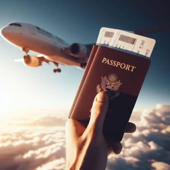 Travel planning concept,Hand holding Passport and Airline tickets with Airplane on blue sky background.