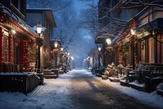 An evocative representation of urban life during winter, focusing on the enchanting vistas of city streets, buildings blanketed in snow, and the warm radiance of streetlights.