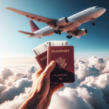 Travel planning concept,Hand holding Passport and Airline tickets with Airplane on blue sky background.