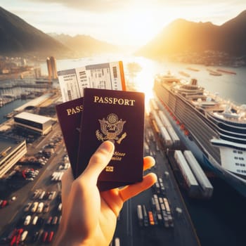 Travel planning concept,Hand holding Passport and Airline tickets with Airplane on blue sky background.