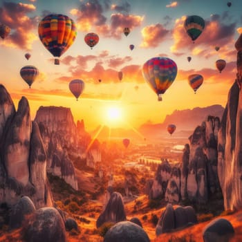 gorgeous view of flying air balloons over Cappadocia at sunrise and lots of people watching this moment from down.