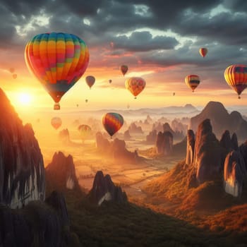 gorgeous view of flying air balloons over Cappadocia at sunrise and lots of people watching this moment from down.