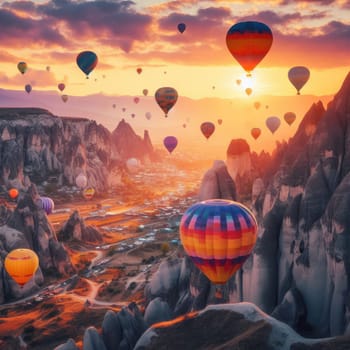 gorgeous view of flying air balloons over Cappadocia at sunrise and lots of people watching this moment from down.