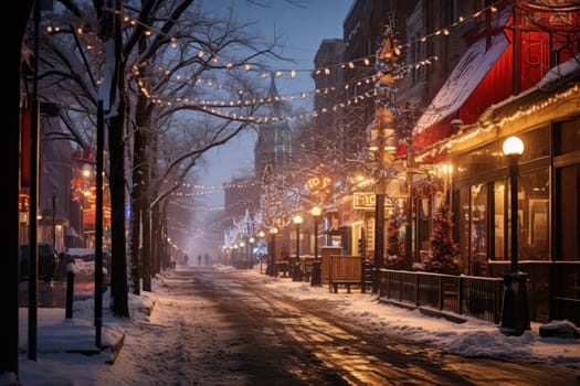 An evocative representation of urban life during winter, focusing on the enchanting vistas of city streets, buildings blanketed in snow, and the warm radiance of streetlights.