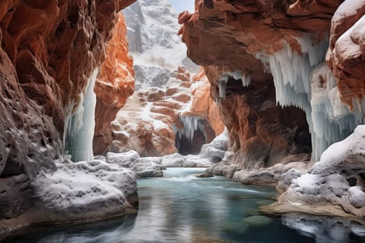 A mesmerizing display of the winter landscape, focusing on the distinctive and captivating frozen waterfalls found in chilly regions.