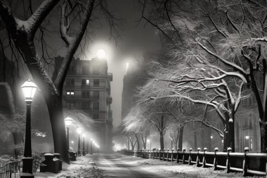 An evocative representation of urban life during winter, focusing on the enchanting vistas of city streets, buildings blanketed in snow, and the warm radiance of streetlights.